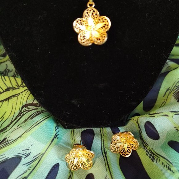 Filigree Earrings and necklace, 100% handmade 18 K gold plated silver 925. - Picture 2 of 11